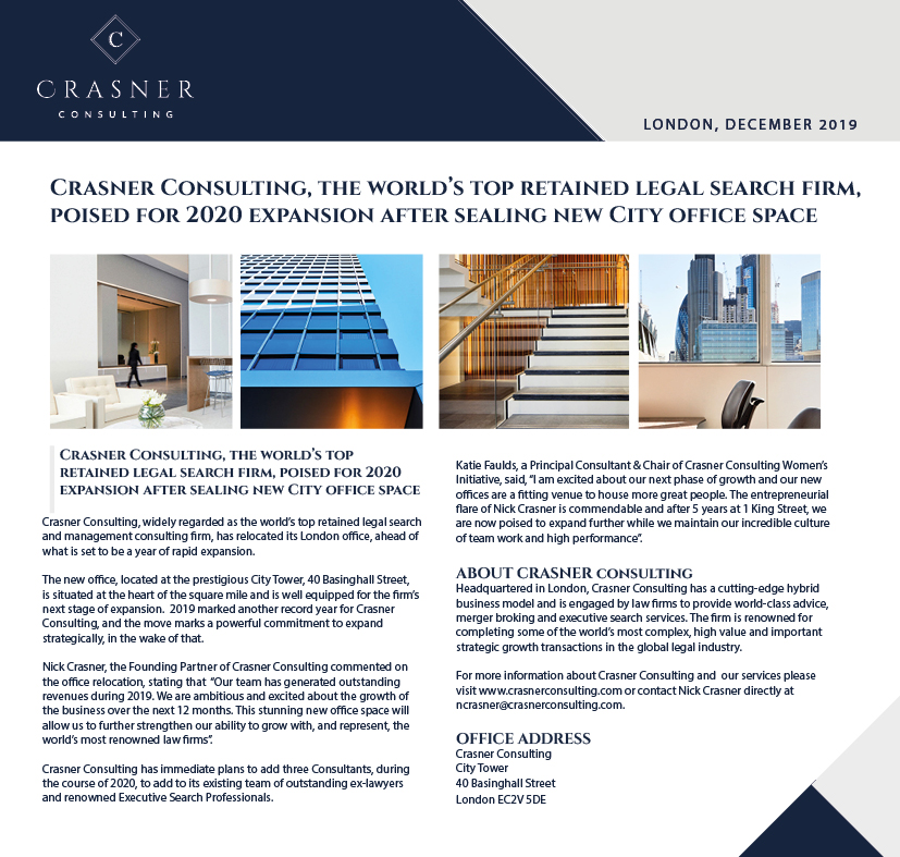 Crasner Consulting is delighted to announce its office relocation to City Tower, as part of our exciting 2020 growth strategy