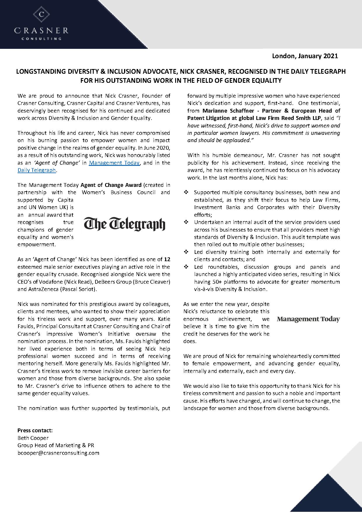 CRASNER CONSULTING PRESS RELEASE LONGSTANDING DIVERSITY & INCLUSION ADVOCATE, NICK CRASNER, RECOGNISED IN THE DAILY TELEGRAPH FOR HIS OUTSTANDING WORK IN THE FIELD OF GENDER EQUALITY copy